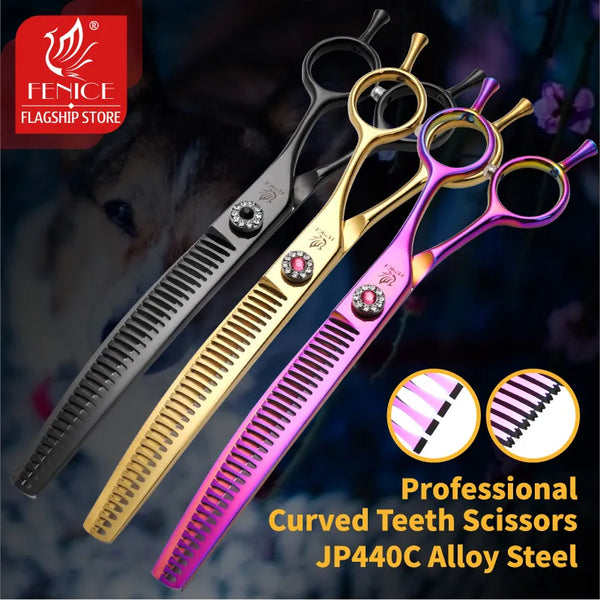 Fenice 7.25 inch professional dog grooming scissors curved chunkers scissors thinning shears for pet hair tijeras tesoura