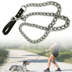 Heavy Duty Metal Chain Dog Lead With Leather Handle Long Strong Control Leash Outdoor Pet Traction Rope Anti Bite Chain Supplies