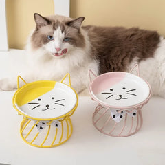 Cat Bowl Ceramic High-Foot Neck Guard Food Plate Shallow Mouth Large Caliber Pet Food Bowl Garfield Special Flat Face Snack Bowl