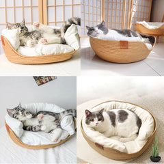 YOKEE Pet Cat Mat Dog Bed Sofa Handmade Bamboo Weaving Four Season Cozy Nest Baskets Waterproof Removable Cushion Sleeping House