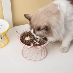 Cat Bowl Ceramic High-Foot Neck Guard Food Plate Shallow Mouth Large Caliber Pet Food Bowl Garfield Special Flat Face Snack Bowl