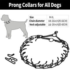 Metal Dog Training Prong Collar Removable Black Pet Link Chain Adjustable Stainless Steel Spike Necklace with Comfort Rubber Tip