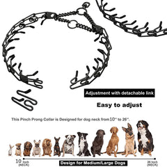 Metal Dog Training Prong Collar Removable Black Pet Link Chain Adjustable Stainless Steel Spike Necklace with Comfort Rubber Tip